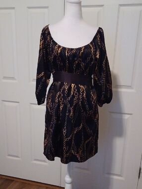 <> Guess Chain-Print Brown and Gold Midi Dress